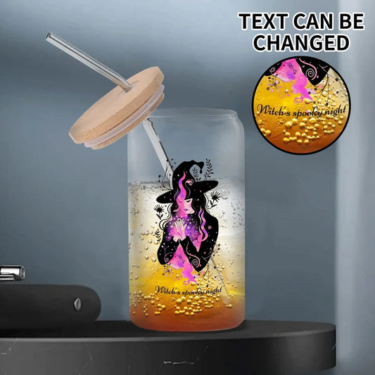 Personalized witch Halloween tumbler with bamboo lid and glass straw, featuring mystical purple smoke design and customizable text for spooky season drinks.