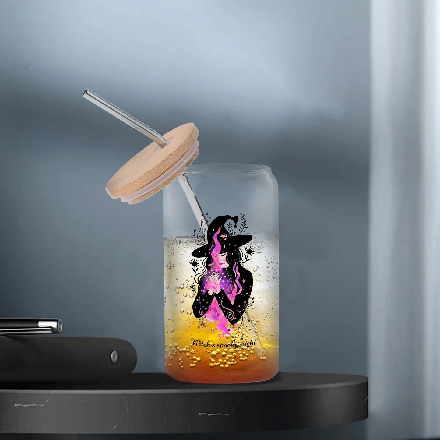 Personalized Witch’s Spooky Night Glass Can Cup – 16oz Iced Coffee Cup with Bamboo Lid & Straw - De Krys