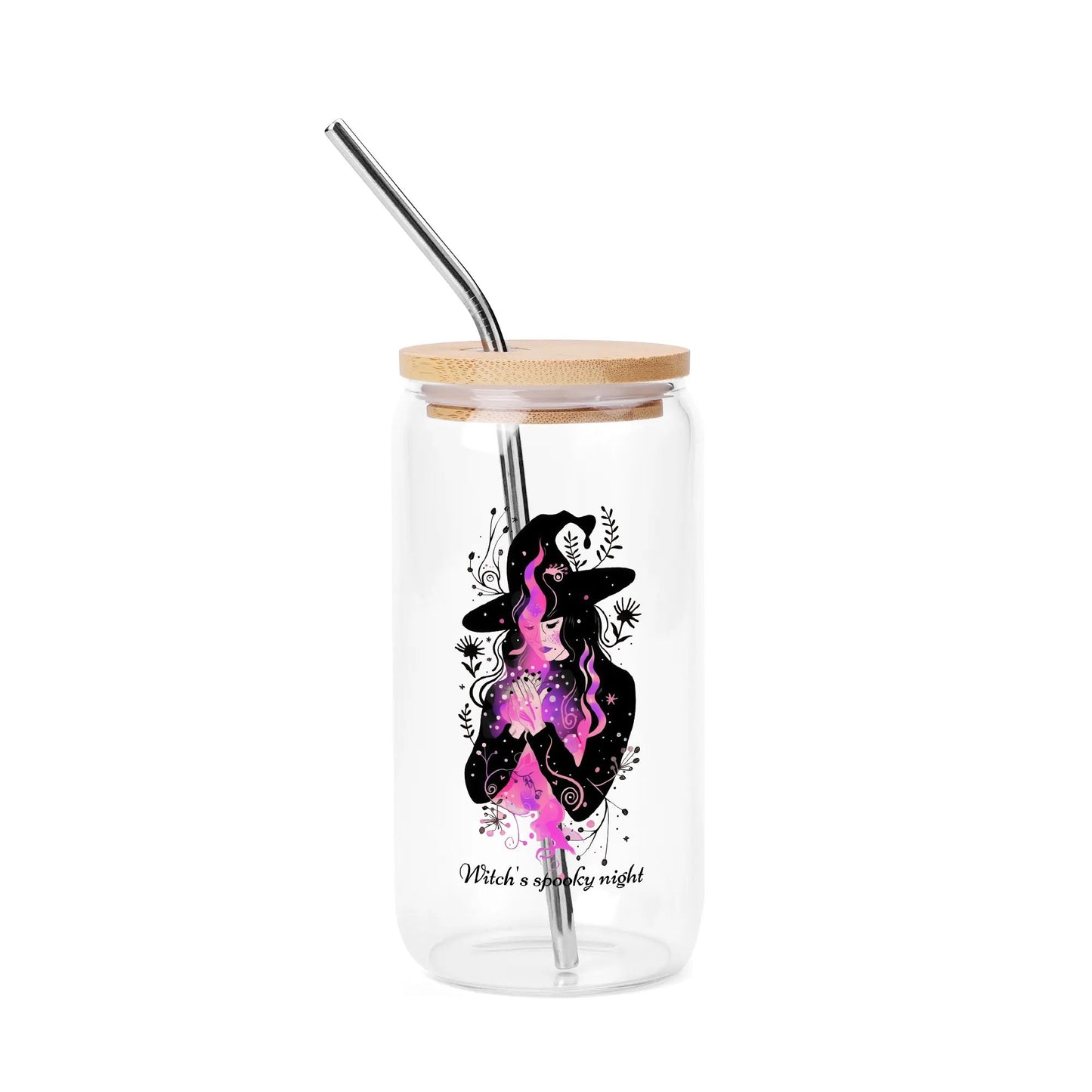 Personalized Witch’s Spooky Night Glass Can Cup – 16oz Iced Coffee Cup with Bamboo Lid & Straw - De Krys