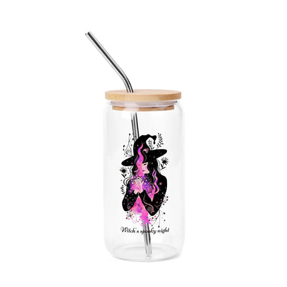 Personalized Witch’s Spooky Night Glass Can Cup – 16oz Iced Coffee Cup with Bamboo Lid & Straw - De Krys