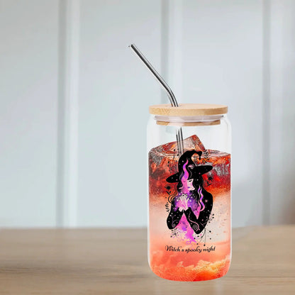 Personalized Witch’s Spooky Night Glass Can Cup – 16oz Iced Coffee Cup with Bamboo Lid & Straw - De Krys