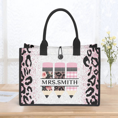 Pink Leopard Teacher Tote Bag with Custom Name | Personalized Pencil Design Gift - De Krys
