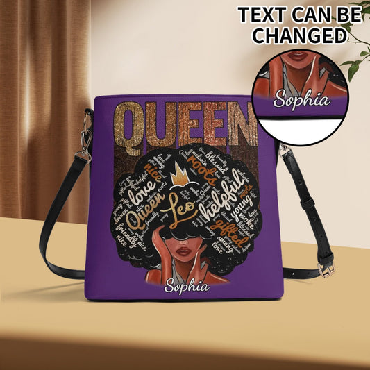 Personalized Black Queen crossbody bag with Afro word art design, crown, glitter “QUEEN” text, and custom name option.