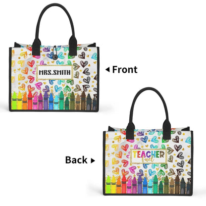 Rainbow Crayon Personalized Teacher Tote Bag | Heart & Glitter Gift - De Krys
