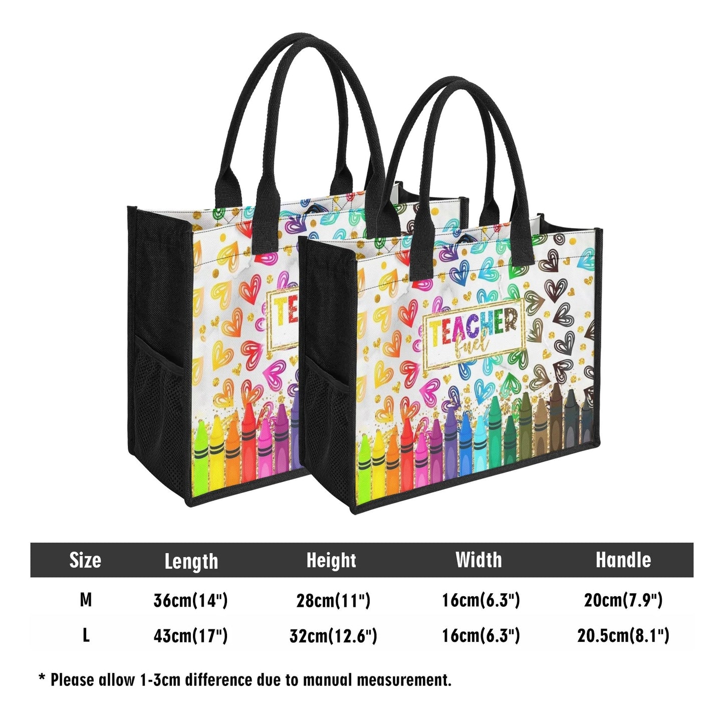 Durable canvas tote bag with vibrant crayon artwork, customizable name, and colorful heart background – perfect teacher appreciation gift.