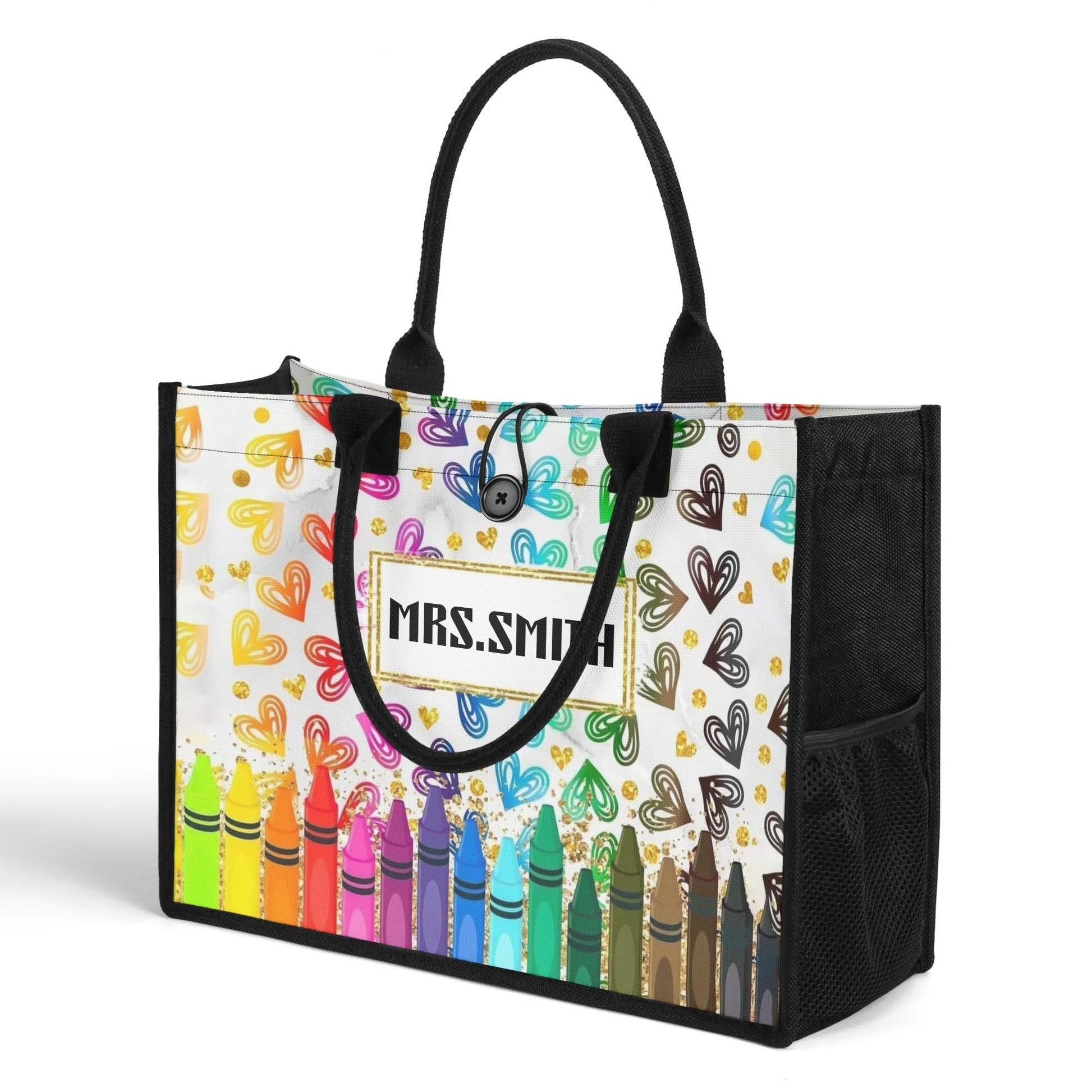 Rainbow Crayon Personalized Teacher Tote Bag | Heart & Glitter Gift - De Krys