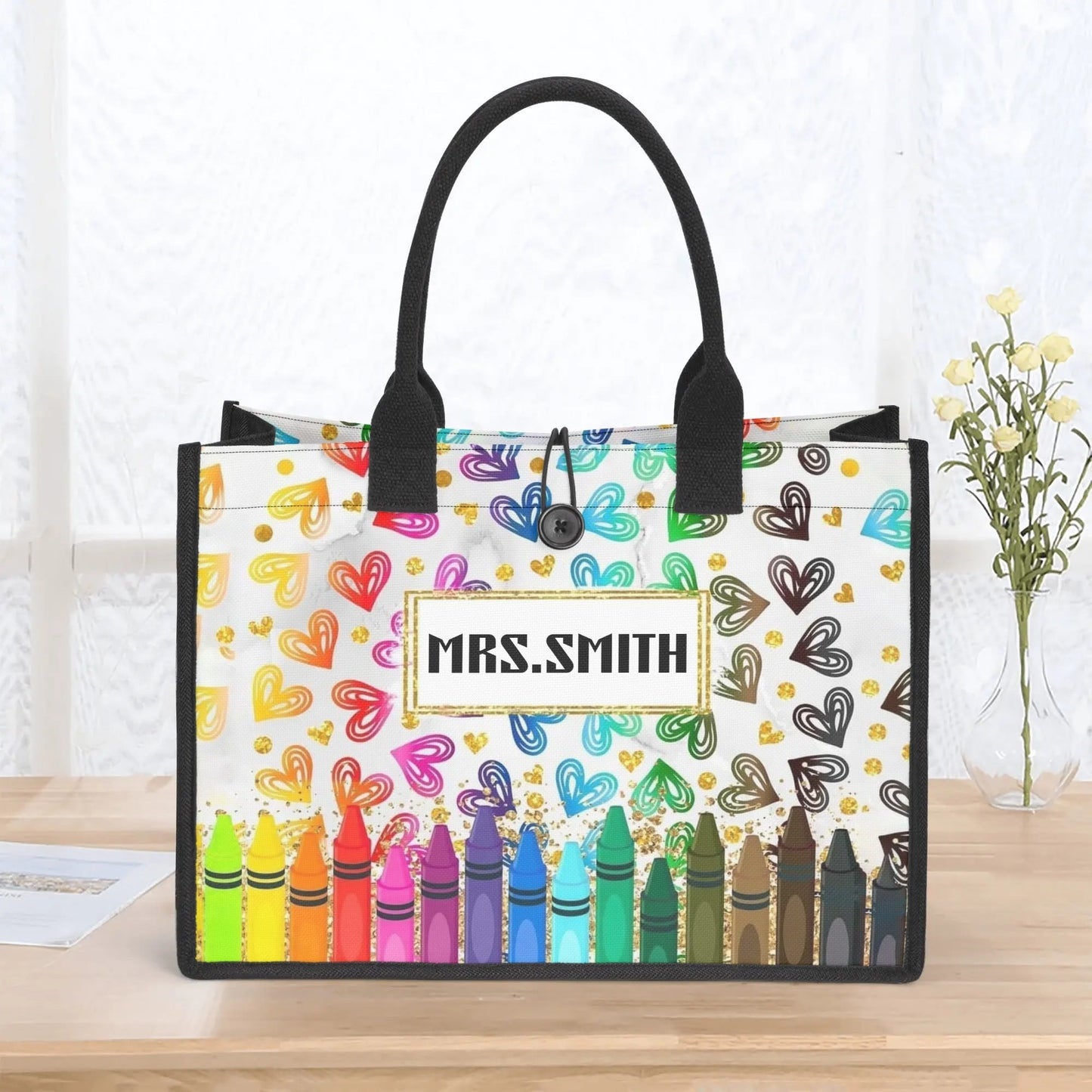 Rainbow Crayon Personalized Teacher Tote Bag | Heart & Glitter Gift - De Krys