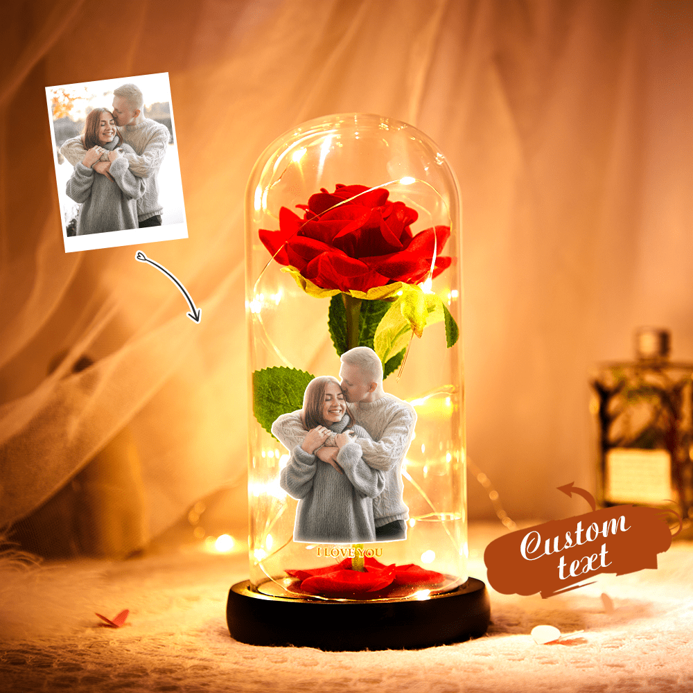 Custom photo rose light dome keepsake with personalized text