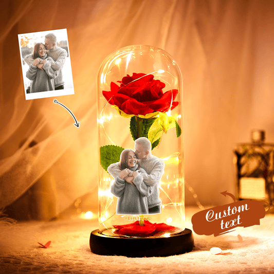 Red Rose Glass LED Night Light – Custom Text & Photo Romantic Keepsake - De Krys