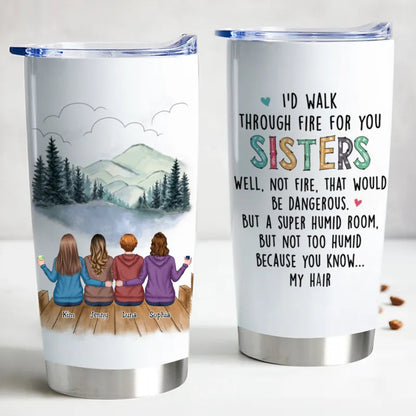 Personalized Sisters Forever tumbler with names and custom illustration