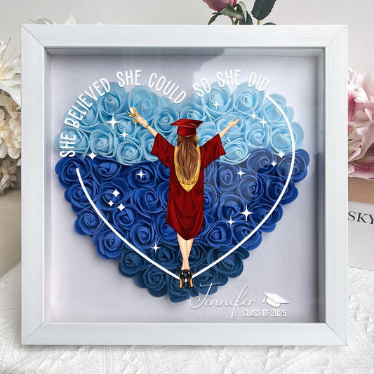“So She Did” Graduation Shadow Box – Custom Flower Frame Gift - De Krys
