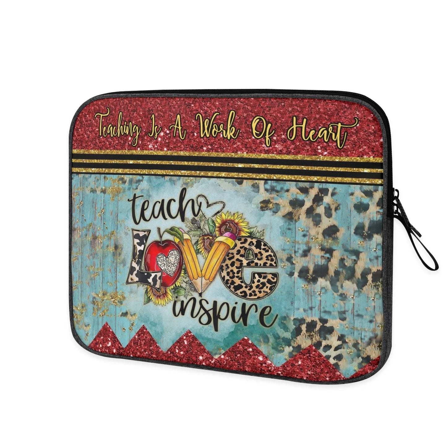 Teach Love Inspire Teacher Laptop Sleeve | Glitter & Leopard Print Gift for Educators - De Krys