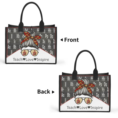 Custom canvas tote bag featuring stylish bun design with bow, sunglasses, and inspirational Teach Love Inspire message