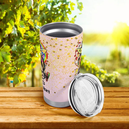 Teaching is a Work of Heart Tumbler | Rainbow Teacher Gift | Custom Messy Bun Cup - De Krys