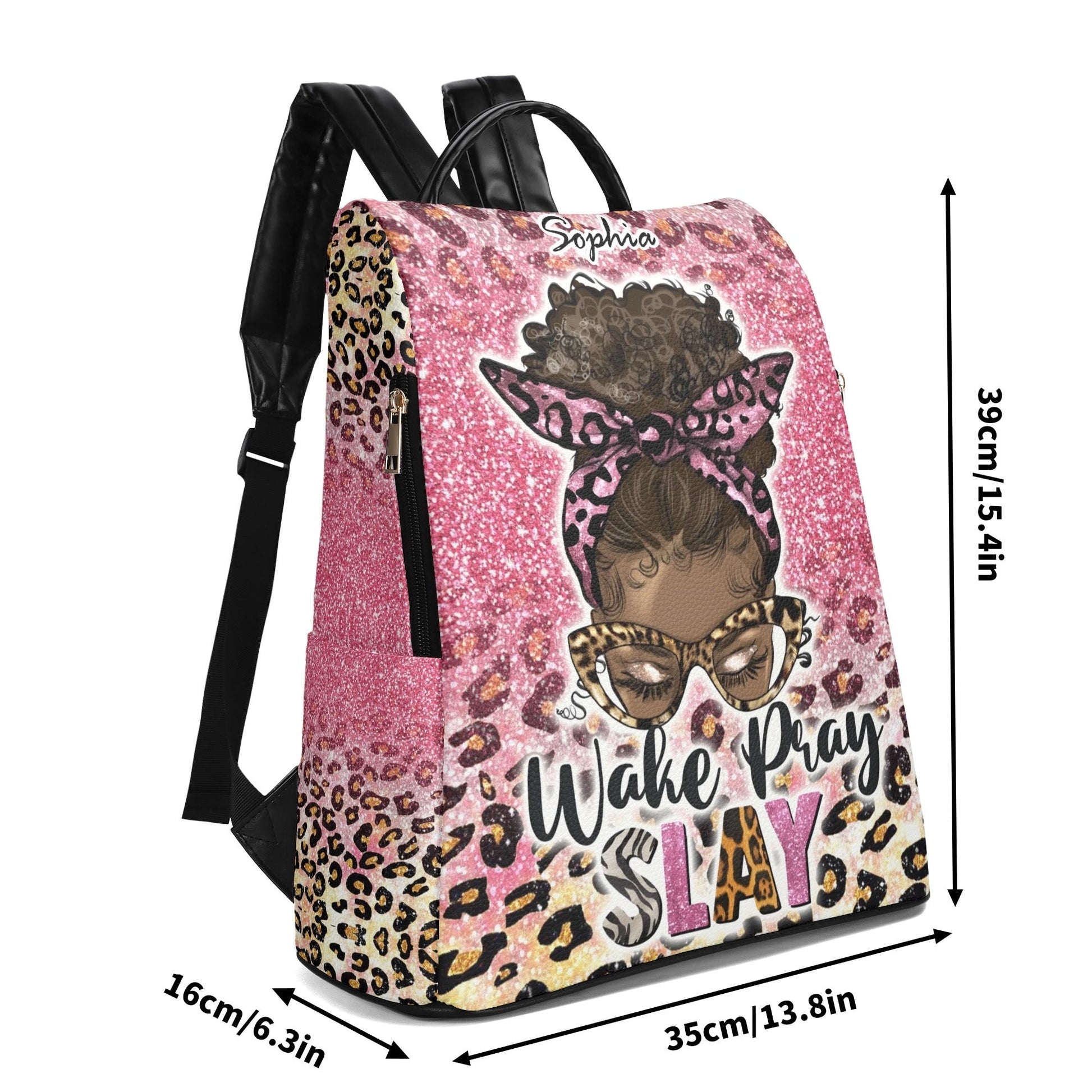 Wake Pray Slay Personalized Backpack 🎀 Custom Name Glitter Leopard Bag - De Krys
