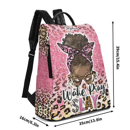 Wake Pray Slay Personalized Backpack 🎀 Custom Name Glitter Leopard Bag - De Krys