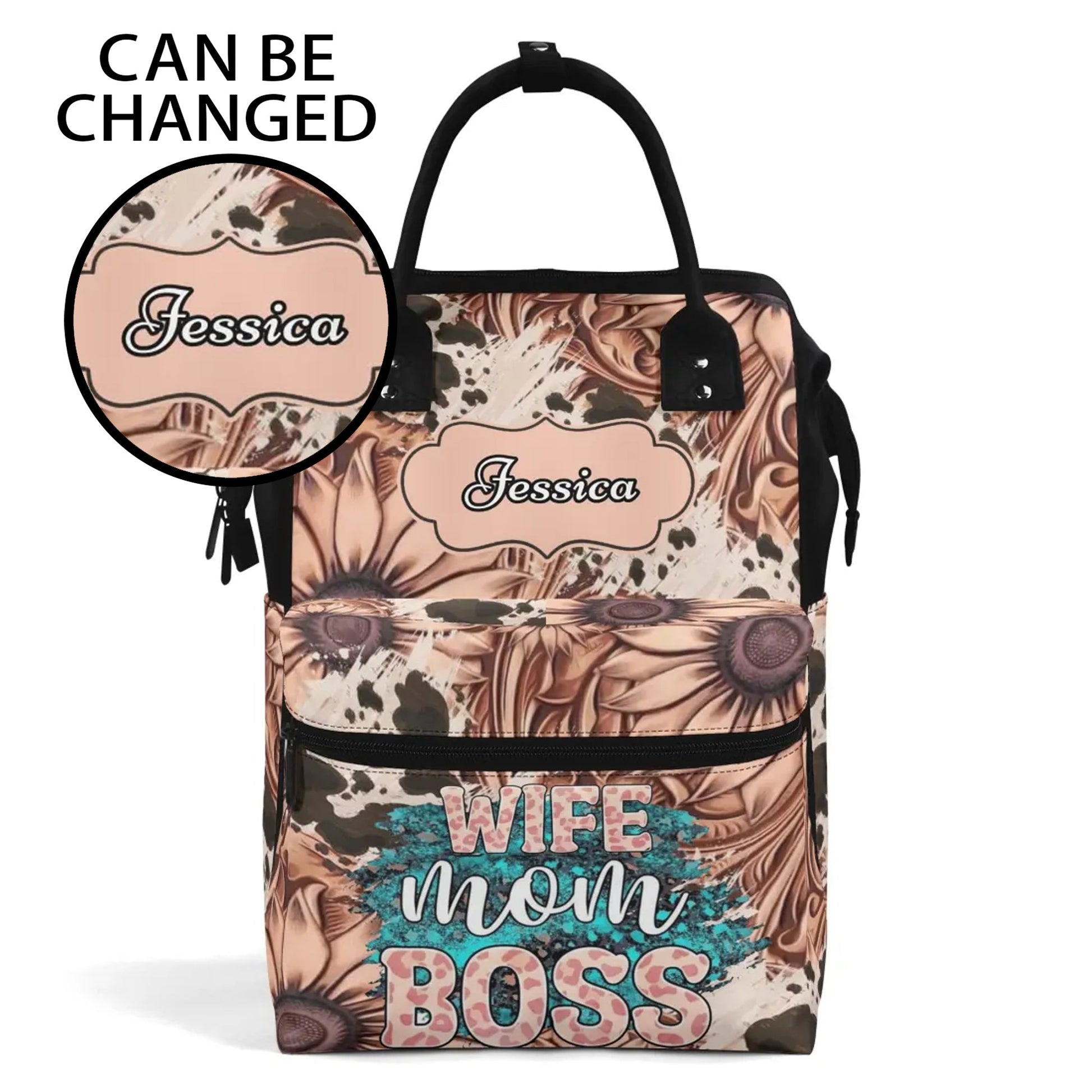 Custom Wife Mom Boss backpack with floral design, featuring personalized name “Jessica” on the front, stylish and functional bag for women.