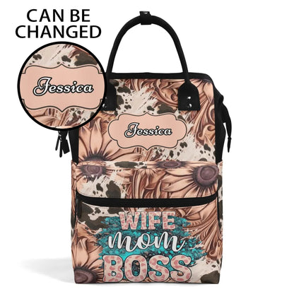 Custom Wife Mom Boss backpack with floral design, featuring personalized name “Jessica” on the front, stylish and functional bag for women.