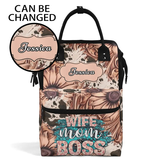 Custom Wife Mom Boss backpack with floral design, featuring personalized name “Jessica” on the front, stylish and functional bag for women.