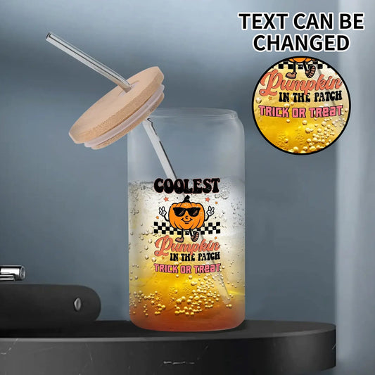 Coolest Pumpkin Glass Tumbler  • 16oz Trick or Treat Halloween cup with bamboo lid & straw. Customizable, eco-friendly, & perfect for spooky-season drinks.